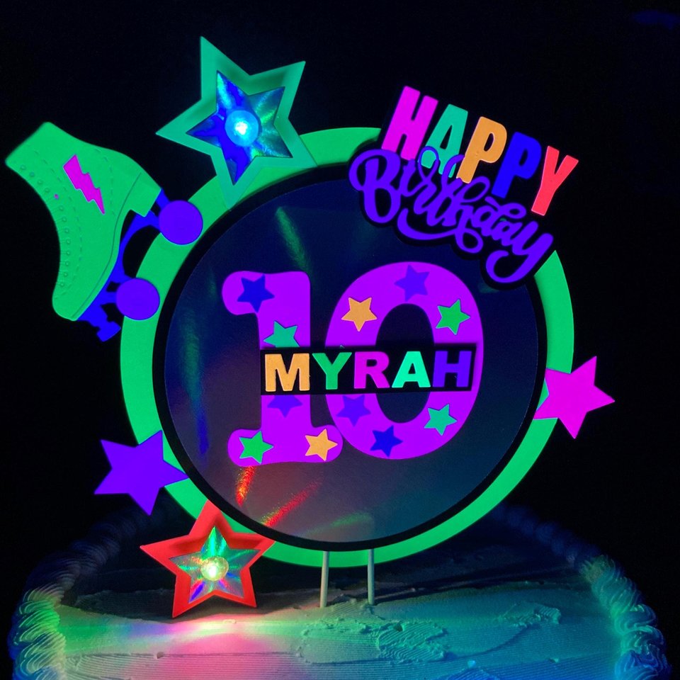 Skate Birthday Party Cake Topper with name and age, Glow Party Cake Decor, Neon Roller Skate Decoration, Personalized Blacklight Centerpiece