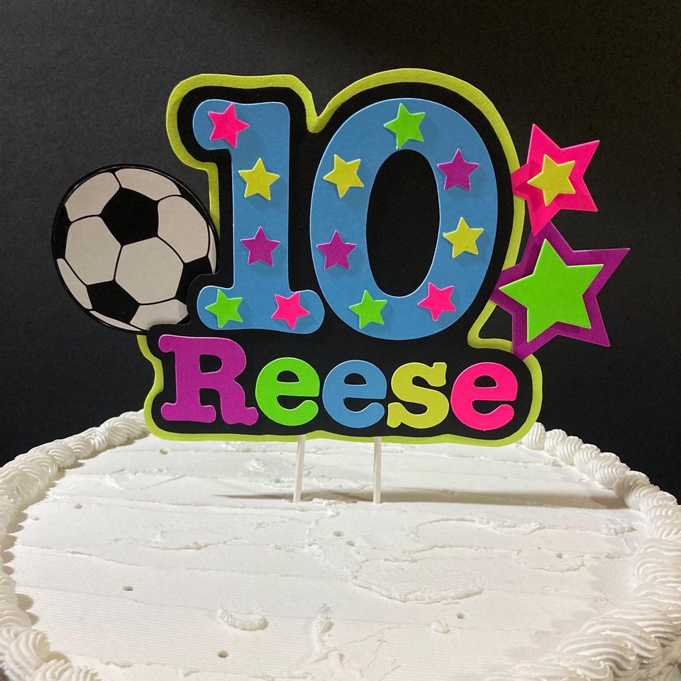 Soccer Birthday Cake Topper, Neon Glow Party Cake Decoration with Name and Age, , Fluorescent Black Light Centerpiece, Sports Birthday Event