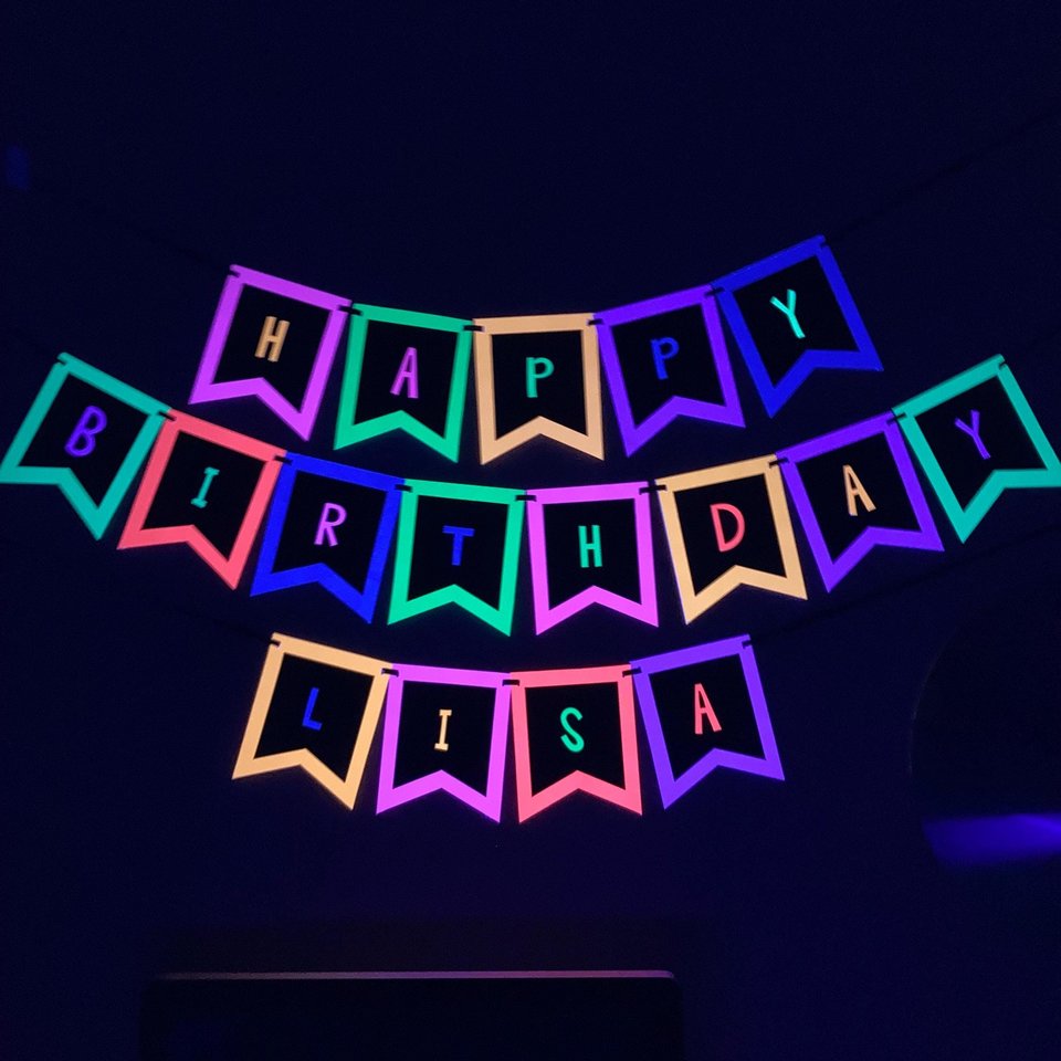 Fluorescent Neon Birthday Banner, Glow Party Sign, Retro 80s Birthday Party, Black Light Party, Skate or Bowling Party, UV reflective sign