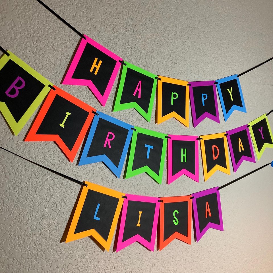 Fluorescent Neon Birthday Banner, Glow Party Sign, Retro 80s Birthday Party, Black Light Party, Skate or Bowling Party, UV reflective sign