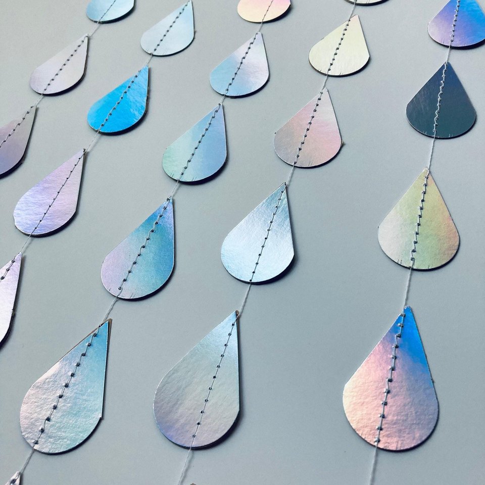 Iridescent Raindrop Garland, Holographic, Baby Sprinkle Decor, Baby Shower Decoration, Gender Reveal Shower, Shimmer Raindrops, Silver Rain