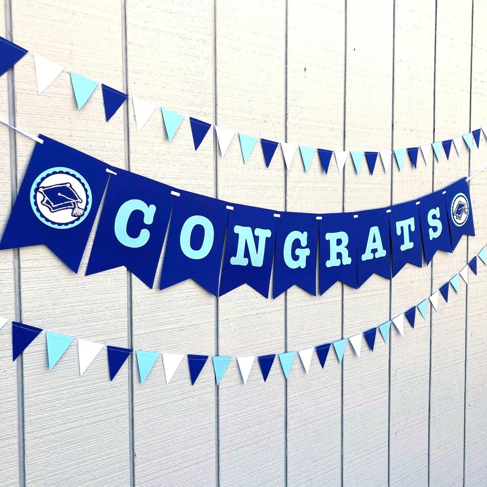 Congrats banner, graduation decor, personalized party sign, blue white decor, custom party decor, Columbia grad, Chapel Hill graduation
