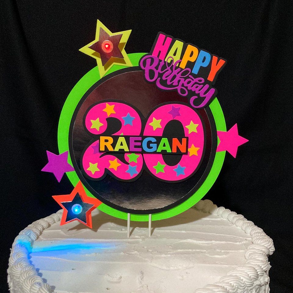 Neon Birthday Cake Topper with LED lights, Rave party centerpiece, Colorful cake decoration, black light house party, 20th birthday decor