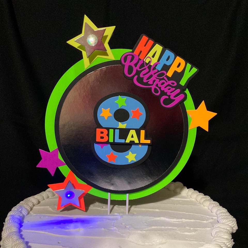 Neon Birthday Cake Topper with LED lights, Rave party centerpiece, Colorful cake decoration, black light house party, 20th birthday decor