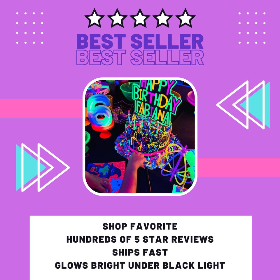 Neon blacklight cake topper, techno house party decor, EDM rave birthday, personalized fluorescent cake sign, UV reactive party topper