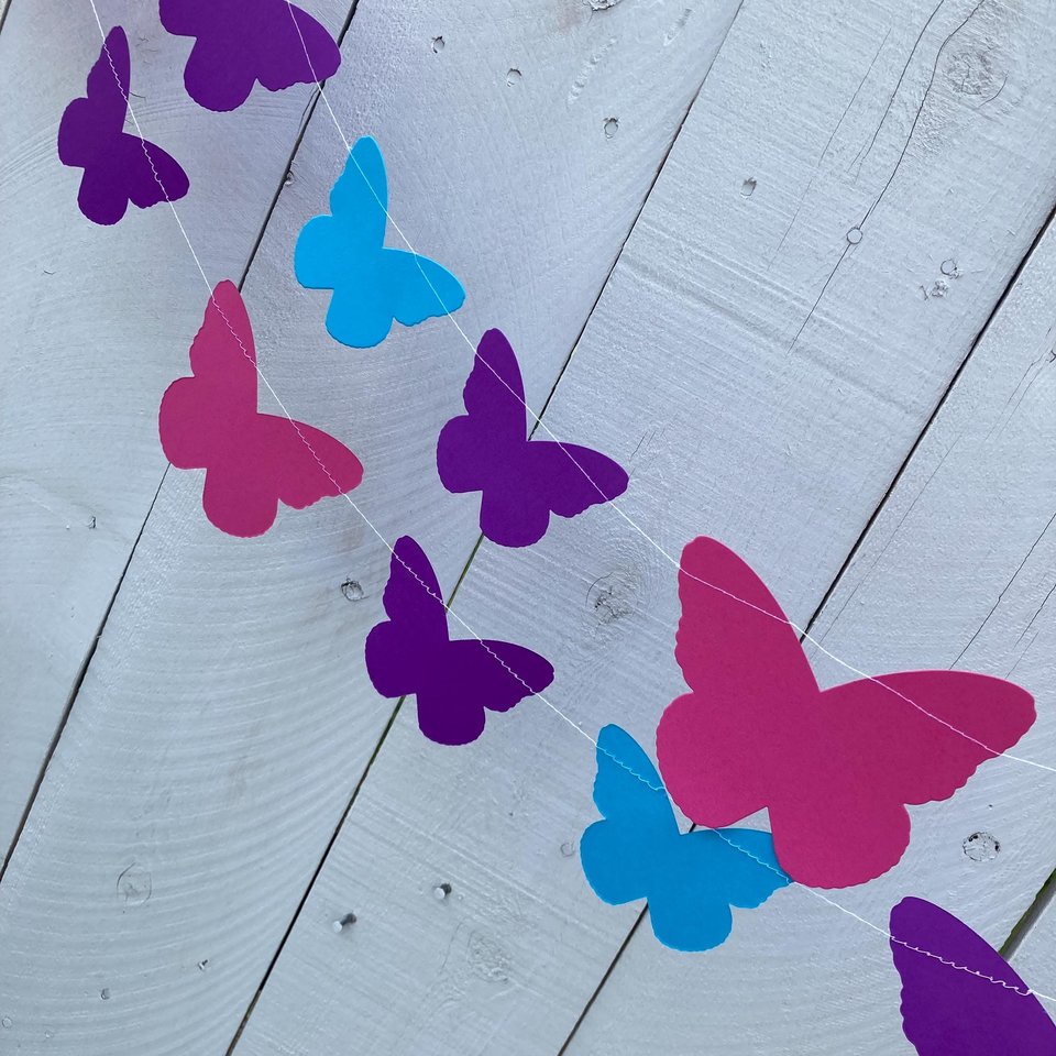 Pastel Butterfly Wedding Garland, Butterfly Party, Spring Bridal Decoration, Pink Celebration Bunting, Hanging Outdoor Wedding Streamers