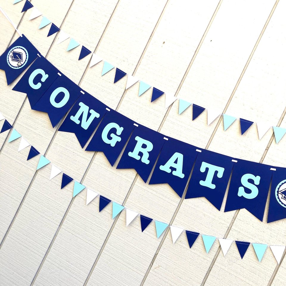 Congrats banner, graduation decor, personalized party sign, blue white decor, custom party decor, Columbia grad, Chapel Hill graduation