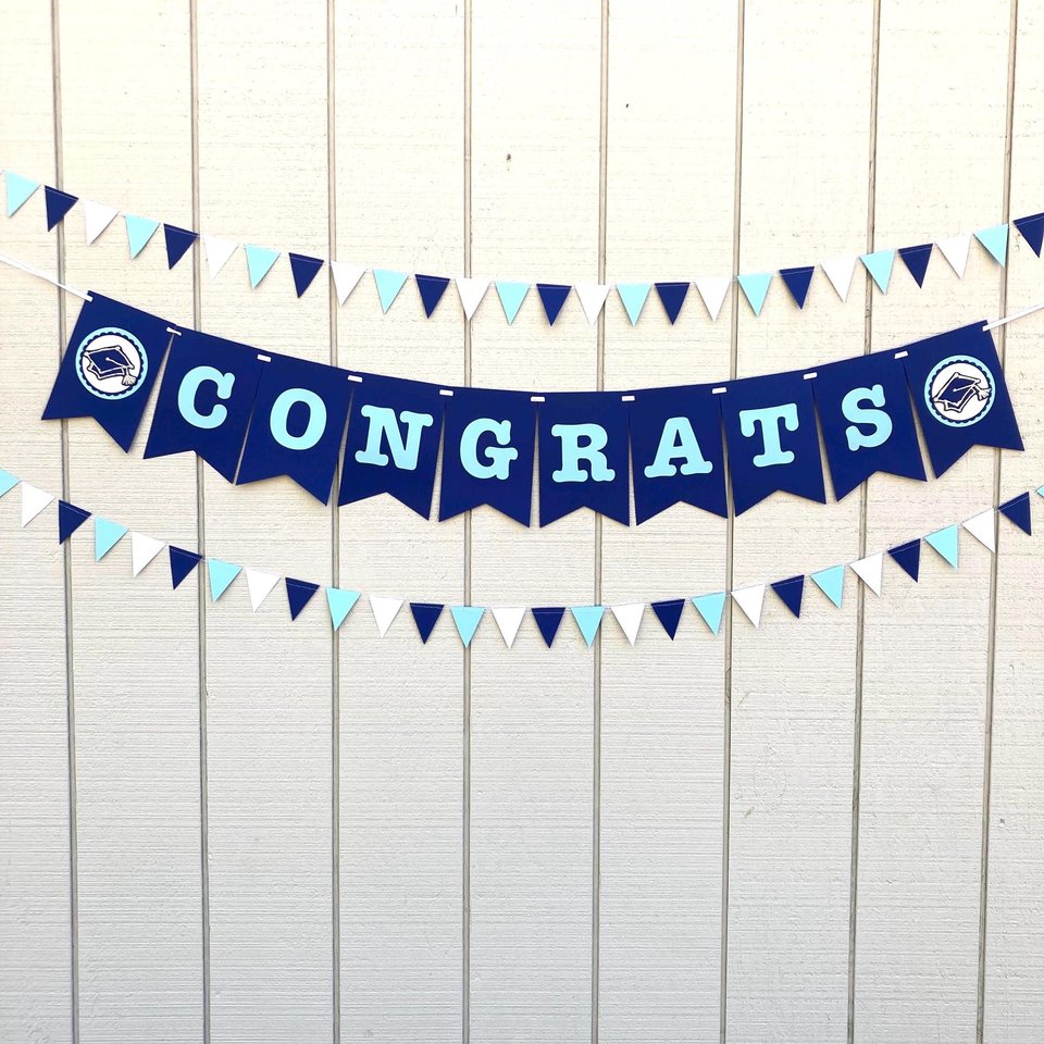 Congrats banner, graduation decor, personalized party sign, blue white decor, custom party decor, Columbia grad, Chapel Hill graduation