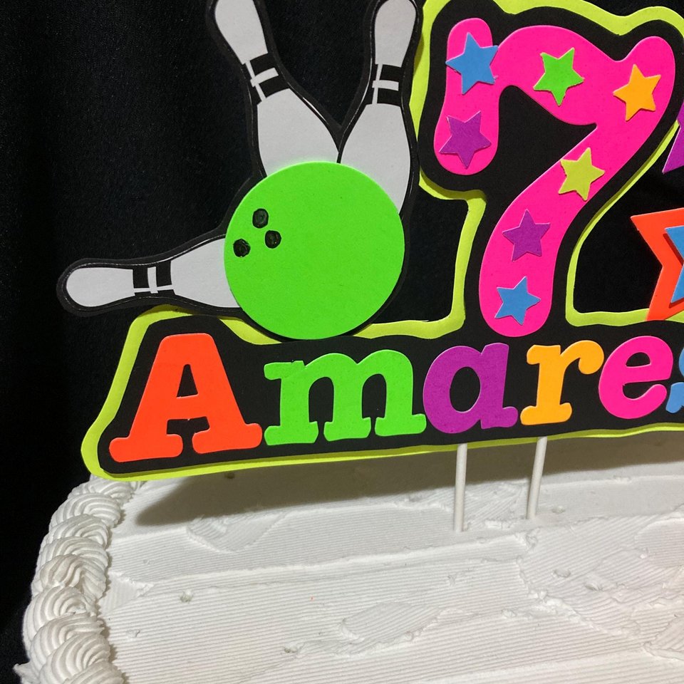 Bowling Birthday Party Cake Topper, Personalized Glow Party Cake Decoration with Name and Age, Colorful Neon Fluorescent Centerpiece