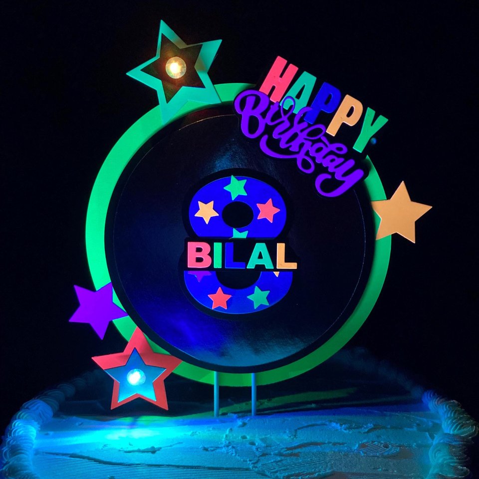 Neon Birthday Cake Topper with LED lights, Rave party centerpiece, Colorful cake decoration, black light house party, 20th birthday decor