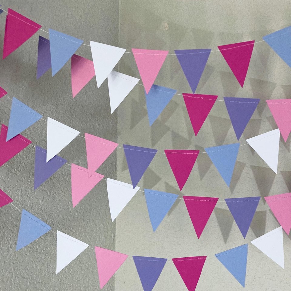 Pink and Purple Party Garland, Girl Birthday Decoration, Triangle Bunting, Celebration Steamers, Cute Girly Decor, Festive Fuchsia Garland