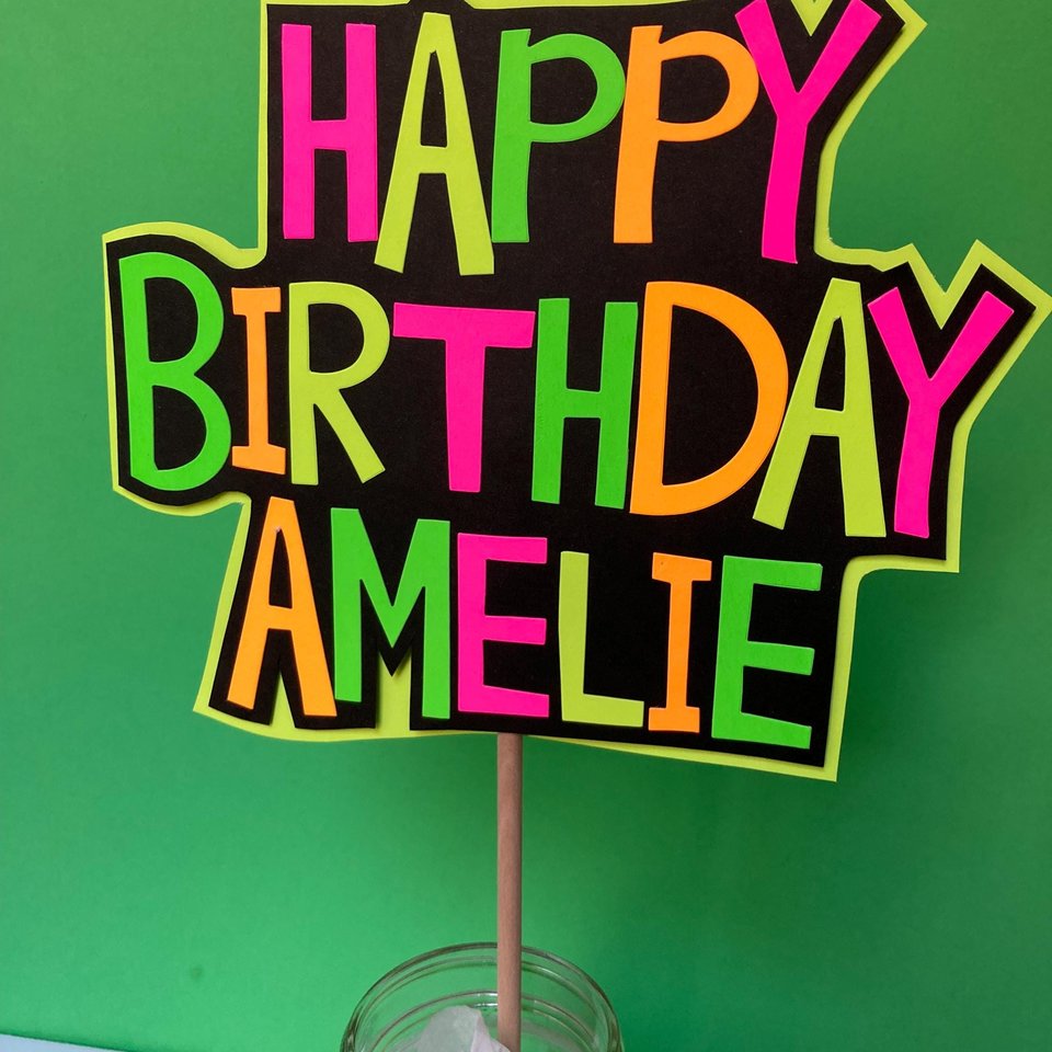 Neon Happy Birthday Centerpiece, Glow Party Table Decoration, Personalized Mason Jar Stick Centerpiece, Custom Black Light Photo Booth Prop