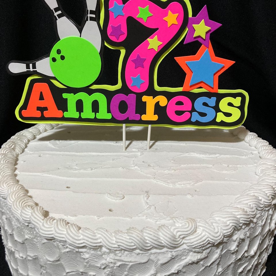 Bowling Birthday Party Cake Topper, Personalized Glow Party Cake Decoration with Name and Age, Colorful Neon Fluorescent Centerpiece