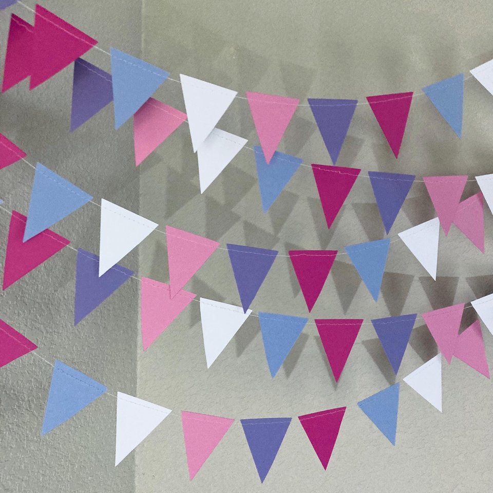 Pink and Purple Party Garland, Girl Birthday Decoration, Triangle Bunting, Celebration Steamers, Cute Girly Decor, Festive Fuchsia Garland