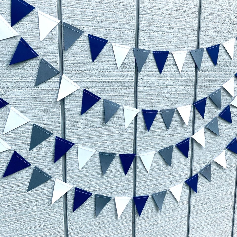 Georgetown graduation party garland, Navy White Gray Triangle Bunting, University of North Florida, Dorm Streamers, Colorado School of Mines