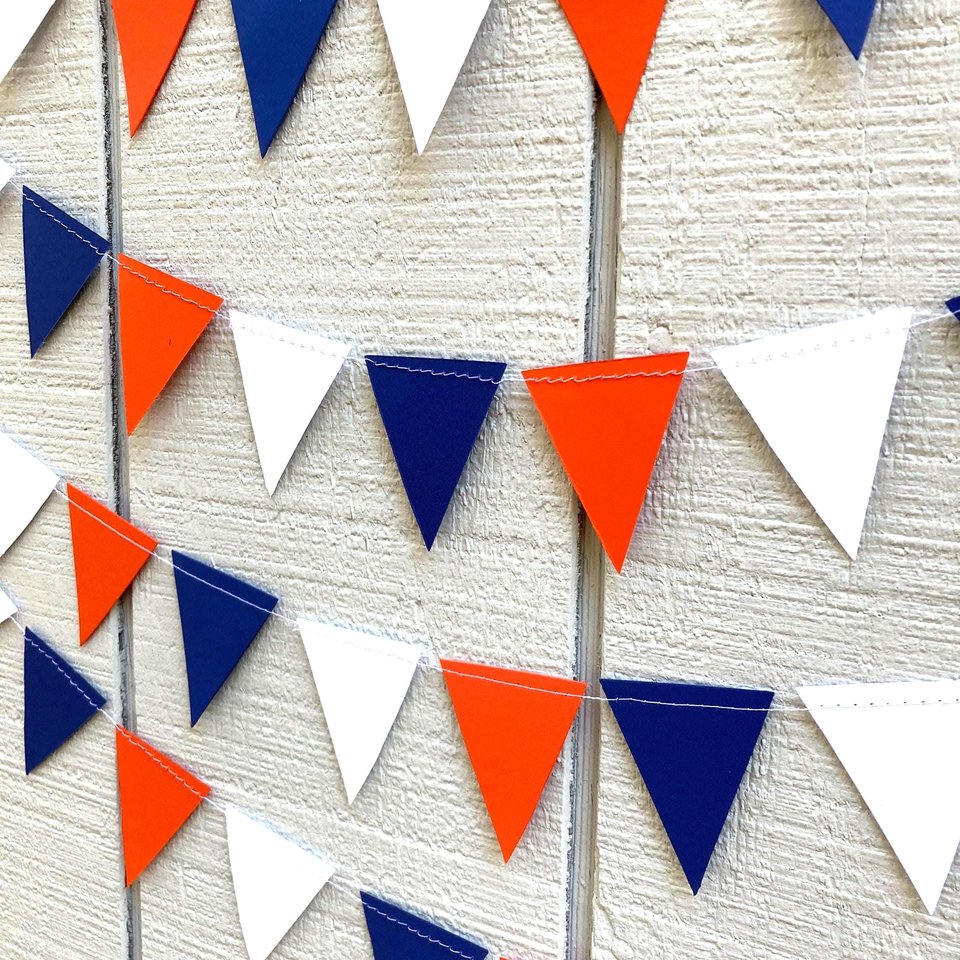 University of Illinois graduation party garland, Blue and Orange Paper Triangle Pennant, dorm decor, Wheaton College, Bed Party streamers