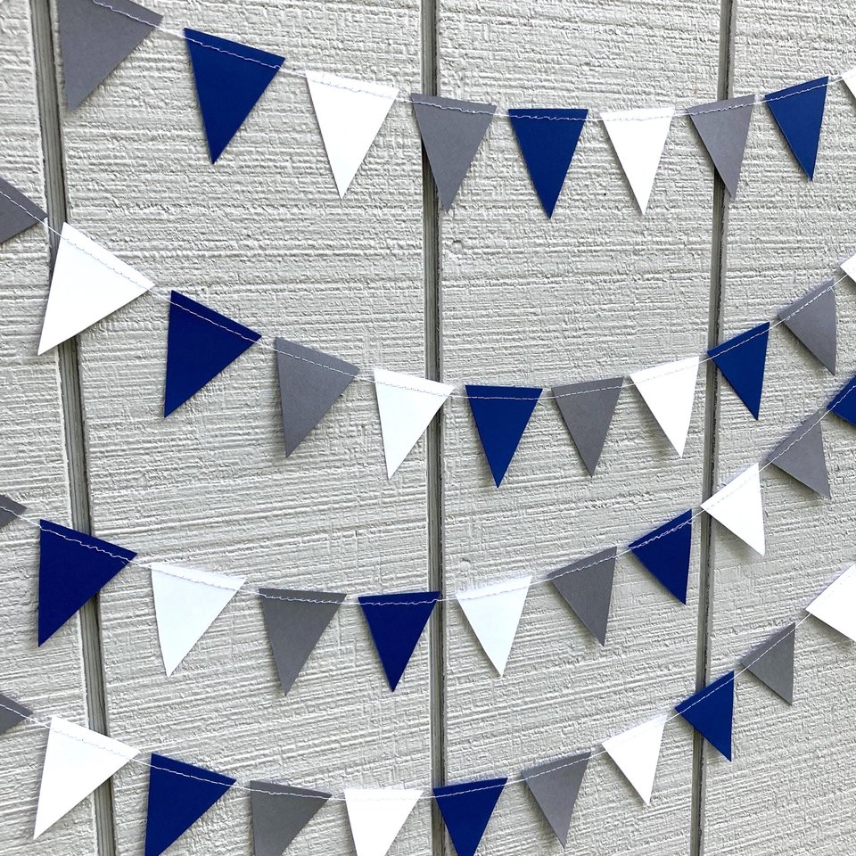Georgetown graduation party garland, Navy White Gray Triangle Bunting, University of North Florida, Dorm Streamers, Colorado School of Mines