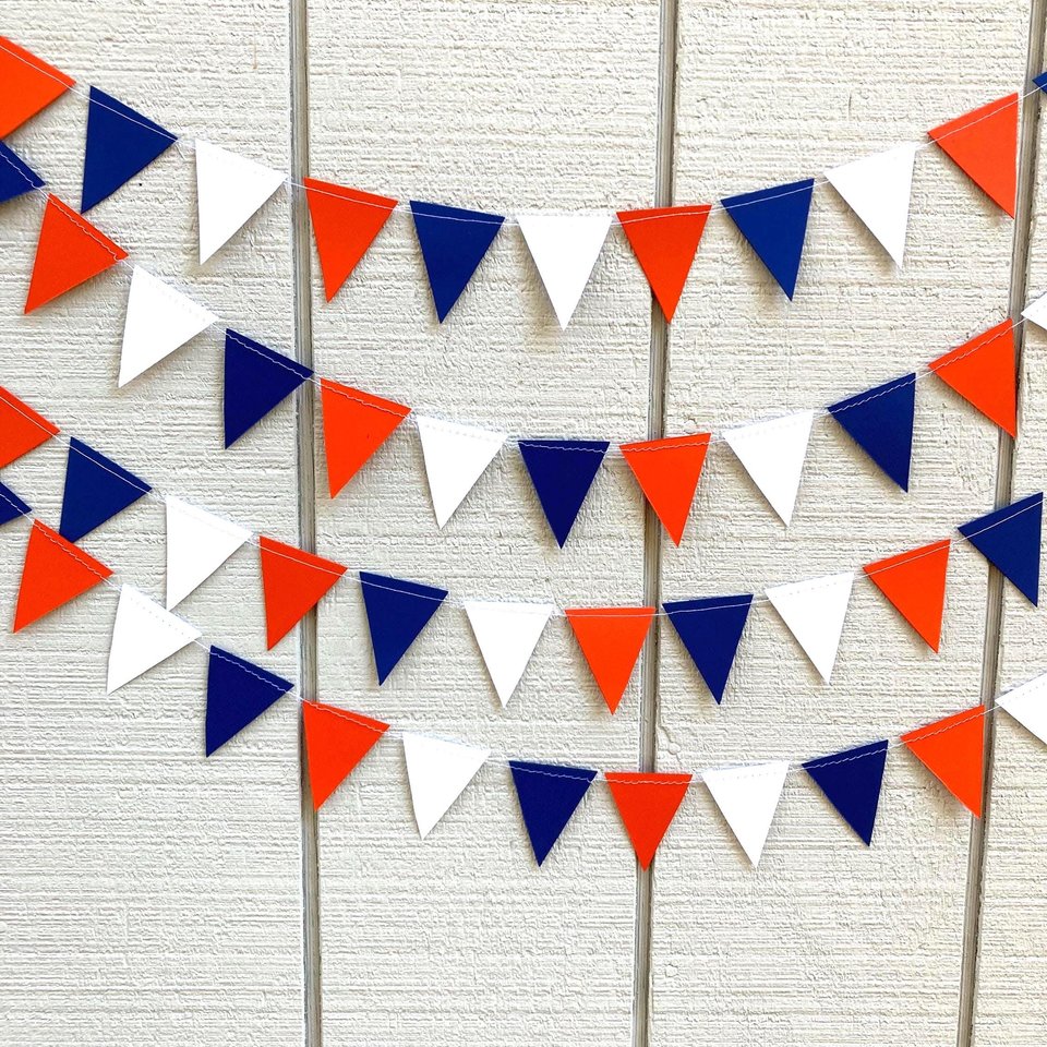 University of Illinois graduation party garland, Blue and Orange Paper Triangle Pennant, dorm decor, Wheaton College, Bed Party streamers