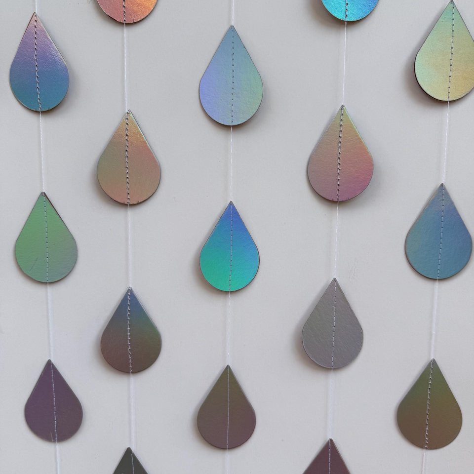 Iridescent Raindrop Garland, Holographic, Baby Sprinkle Decor, Baby Shower Decoration, Gender Reveal Shower, Shimmer Raindrops, Silver Rain