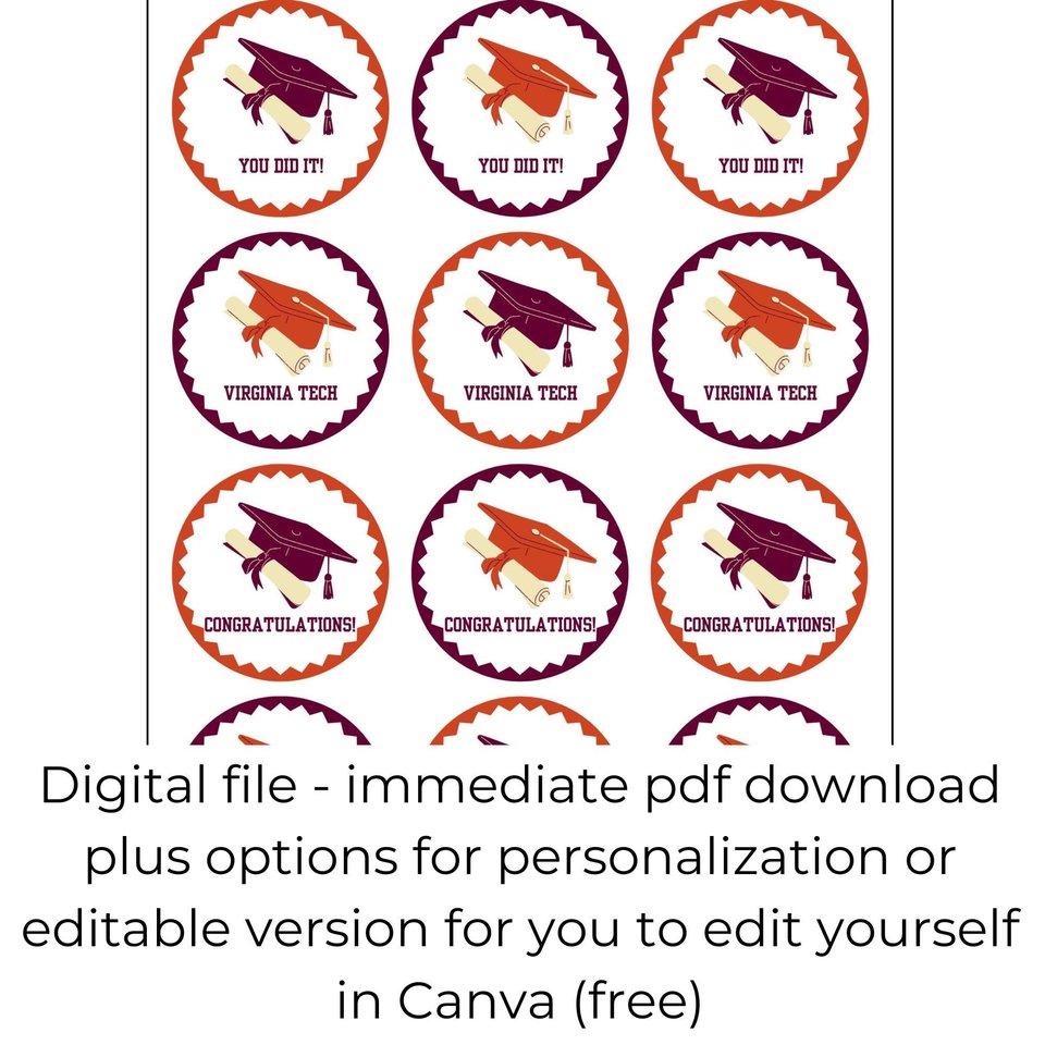Virginia Tech Graduation Cupcake Toppers: Orange & Maroon Decor (Digital Download)