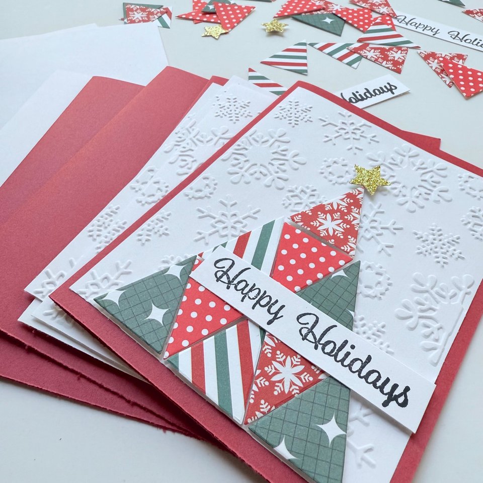 Handmade Christmas Card Kit: Quilt Style Tree, Set of 4