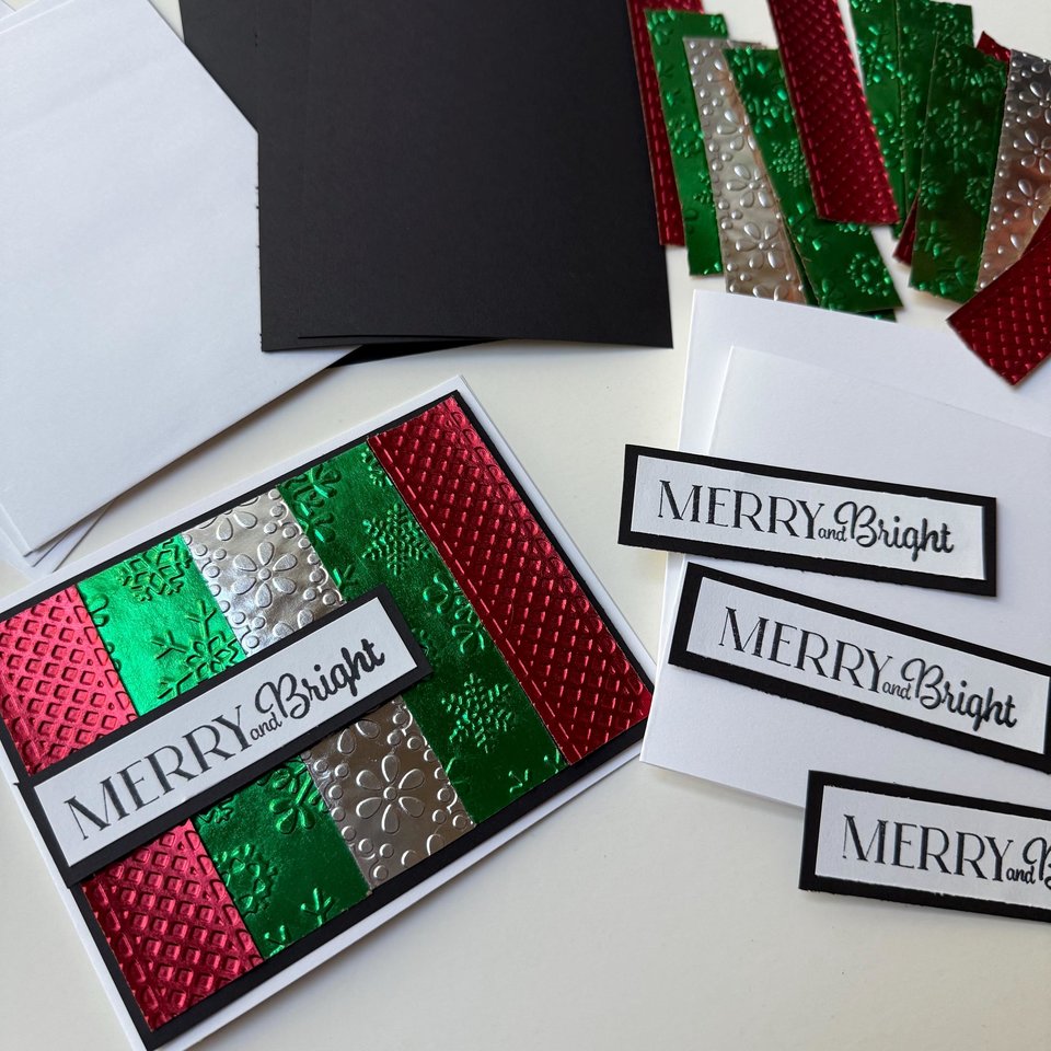 Merry and Bright Christmas Card, Green and Red Foil Holiday Card, DIY Christmas Card Kit, Women Holiday Craft, Christmas Party Craft