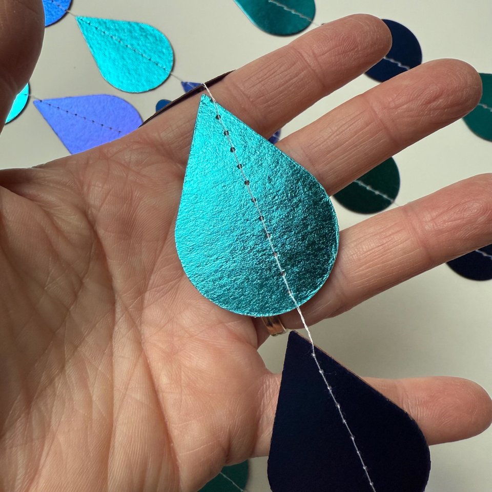 Blue Raindrop Garland, Baby Shower Decoration, Boy Baby Shower Backdrop, Turquoise Rain Party Garland, Shiny Foil Raindrop, Noah's Ark Party