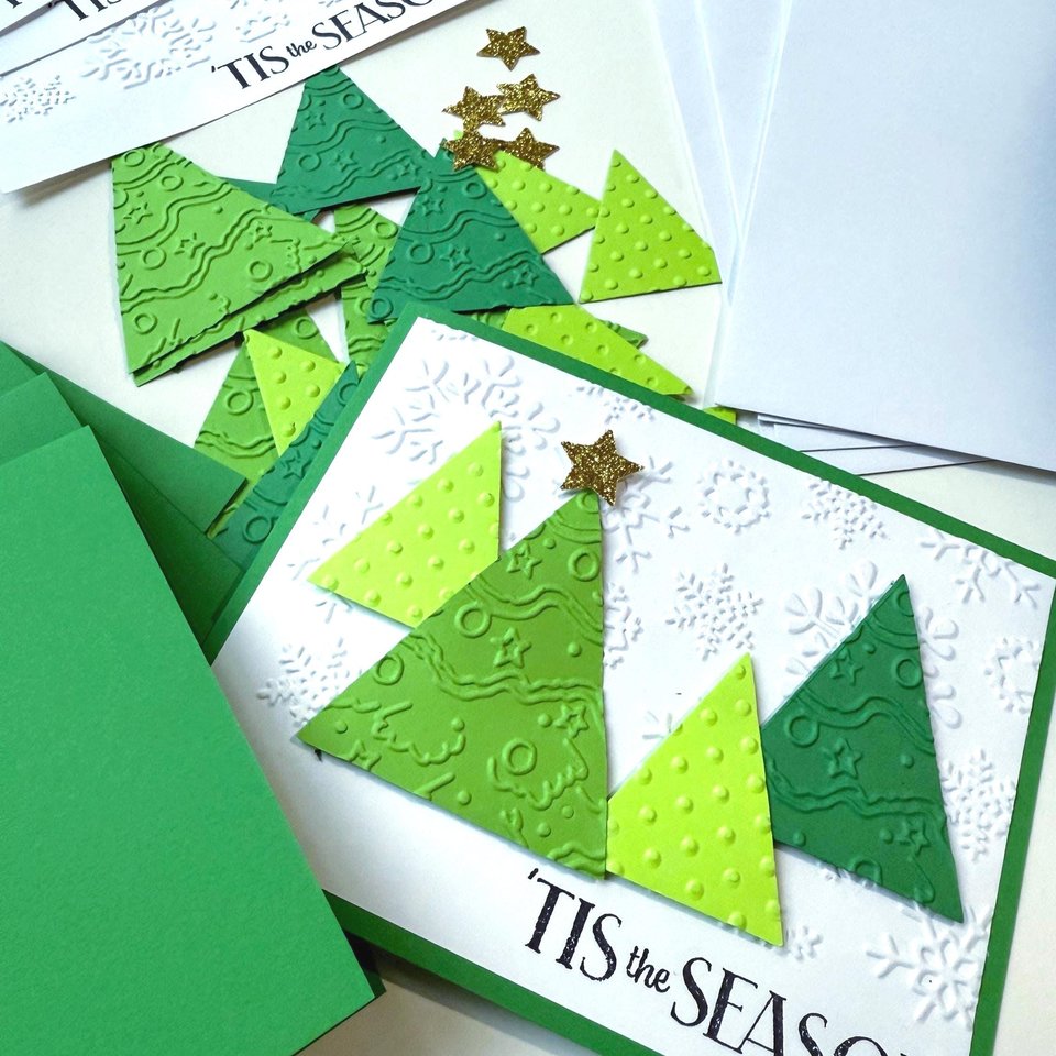 Handmade Christmas Card Kit: Embossed Christmas tree card set, DIY Christmas craft, blank card set, Tis the Season holiday cards