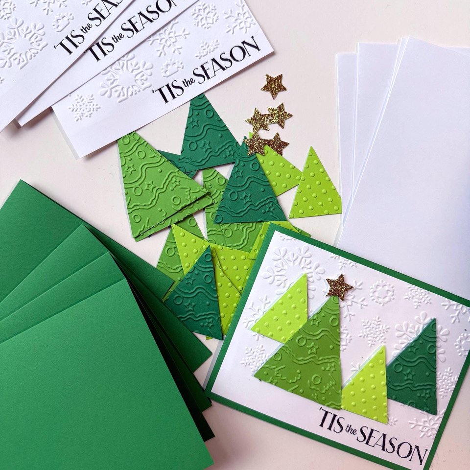 Handmade Christmas Card Kit: Embossed Christmas tree card set, DIY Christmas craft, blank card set, Tis the Season holiday cards