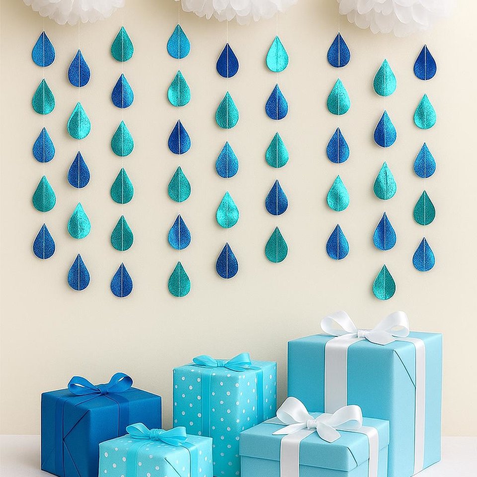 Blue Raindrop Garland, Baby Shower Decoration, Boy Baby Shower Backdrop, Turquoise Rain Party Garland, Shiny Foil Raindrop, Noah's Ark Party