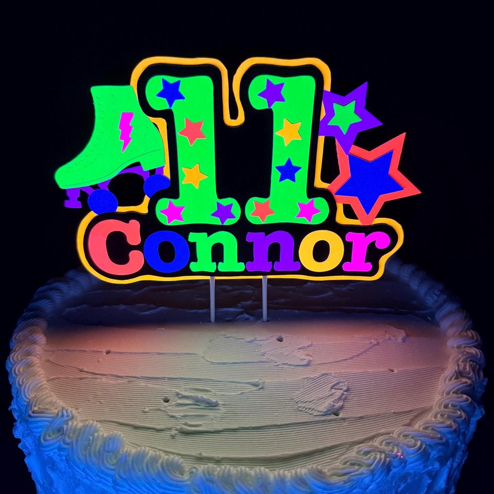 Roller Skate Glow Party Cake Topper, Fluorescent Neon Cake Centerpiece, 11th Birthday Decoration, Personalized Glow in the Dark Decor