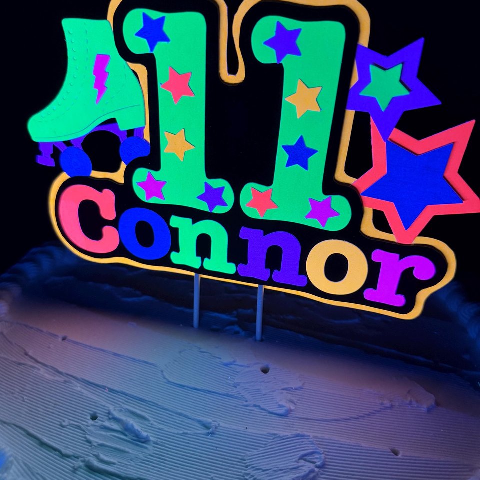 Roller Skate Glow Party Cake Topper, Fluorescent Neon Cake Centerpiece, 11th Birthday Decoration, Personalized Glow in the Dark Decor
