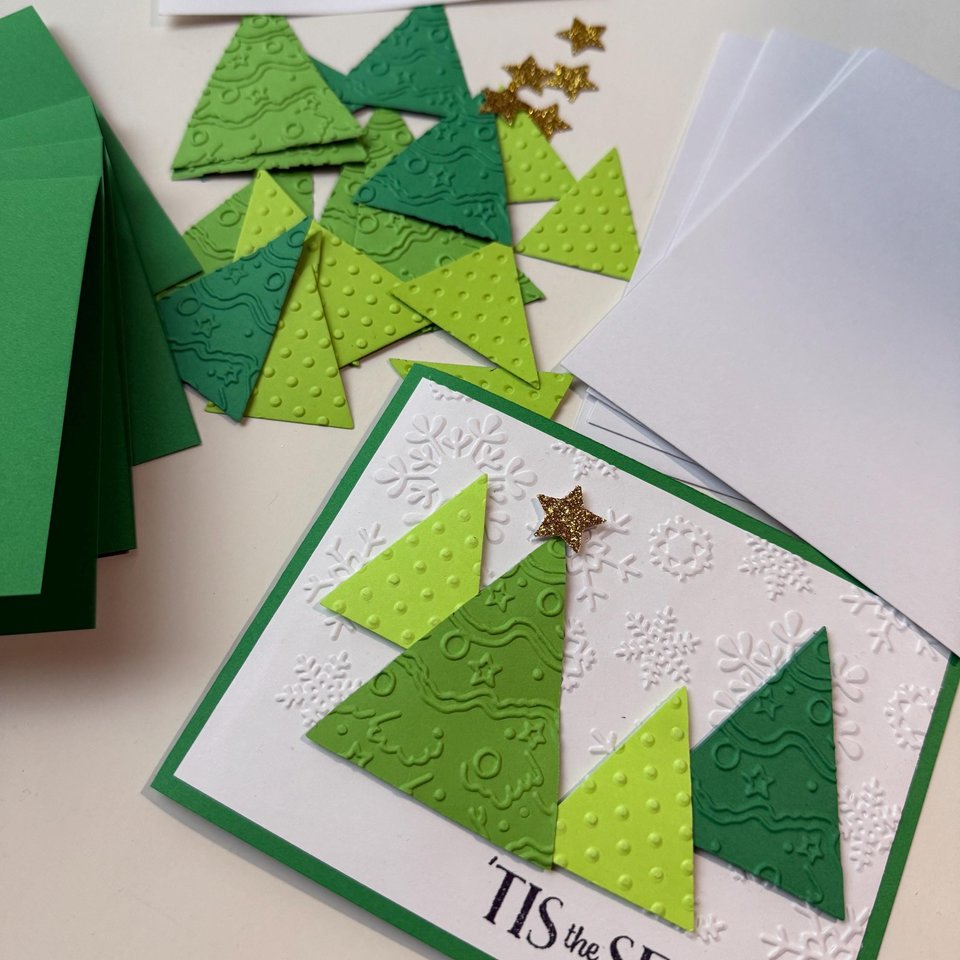 Handmade Christmas Card Kit: Embossed Christmas tree card set, DIY Christmas craft, blank card set, Tis the Season holiday cards