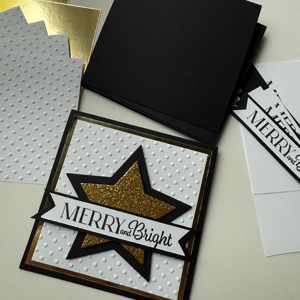 Handmade Christmas Card Kit, Elegant black and gold star card, Merry and Bright, Glitter Star Christmas Card craft Set, Blank Note Cards
