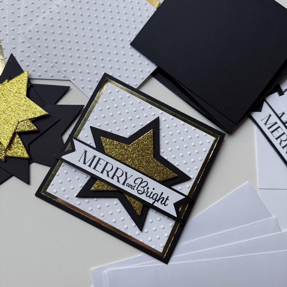 Handmade Christmas Card Kit, Elegant black and gold star card, Merry and Bright, Glitter Star Christmas Card craft Set, Blank Note Cards