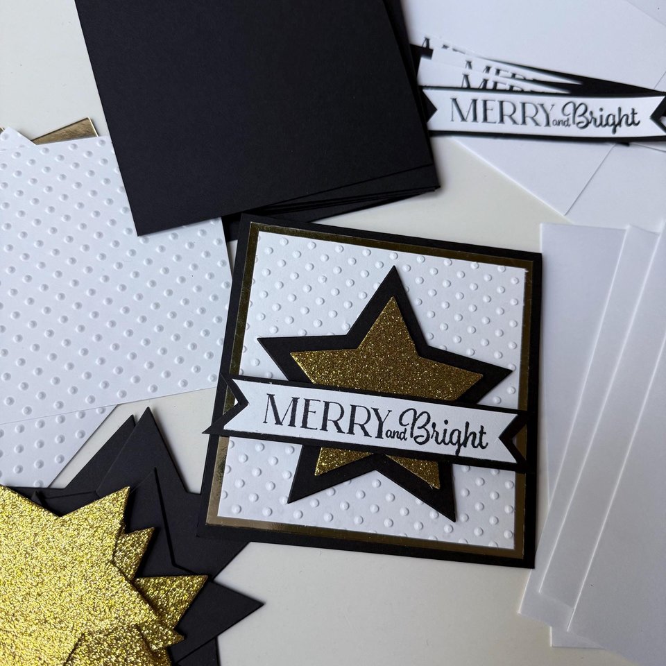 Handmade Christmas Card Kit, Elegant black and gold star card, Merry and Bright, Glitter Star Christmas Card craft Set, Blank Note Cards