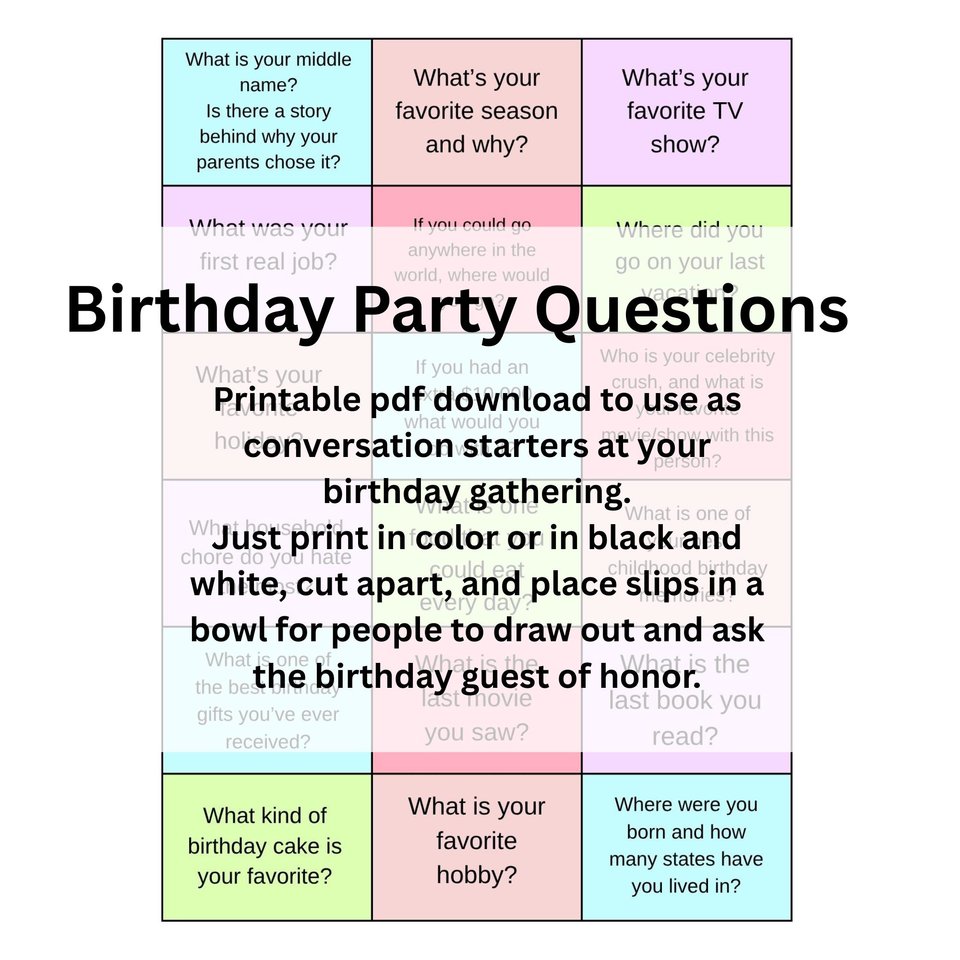 Birthday Party Questions, Printable Birthday Game, Office Gathering Conversation Starters, Digital Download Easy Work Game