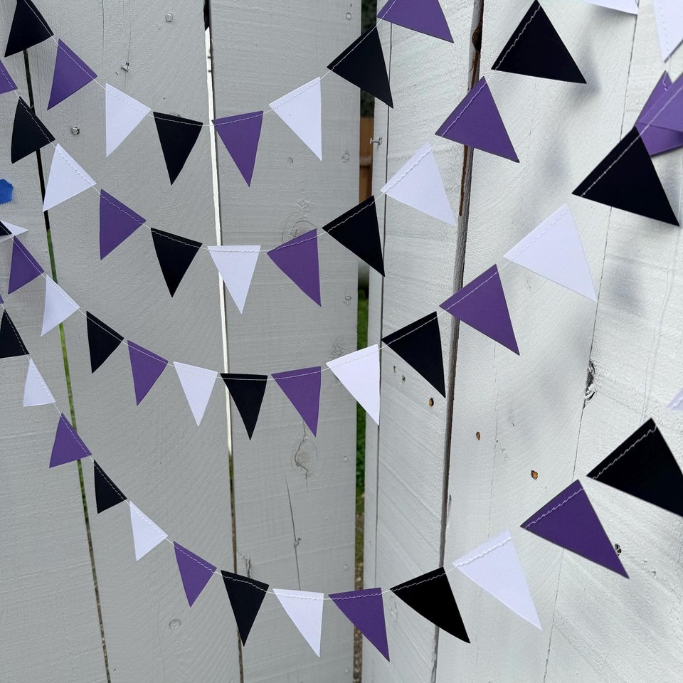 Purple White Black Graduation Garland, Triangle Flag, College Bed Party. Decision Day, Dorm Decor, Northwestern, Kansas State, TCU, GCU