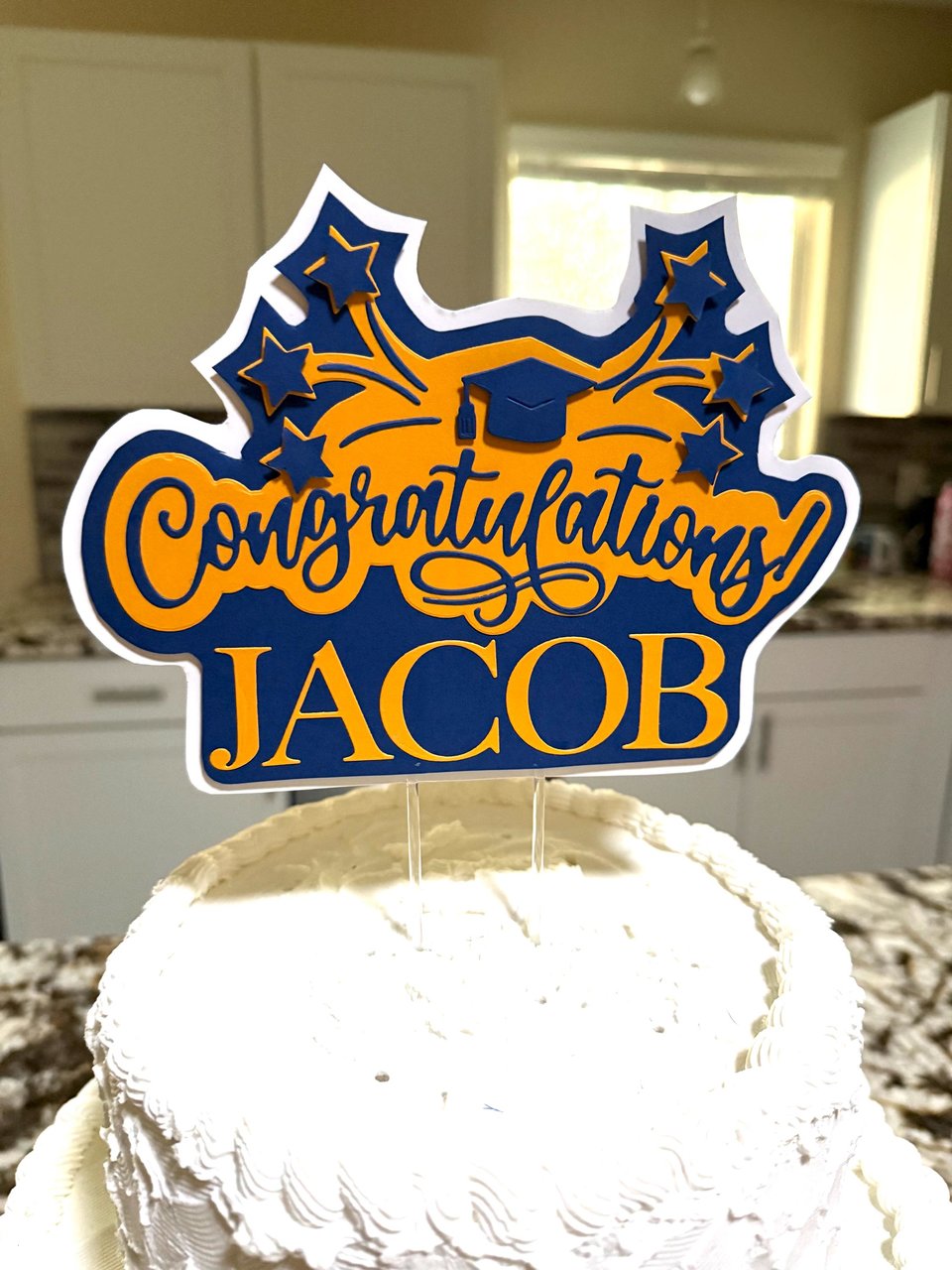 Navy and gold graduation cake topper, personalized Congratulations cake sign with name, University of California decor, U of Michigan