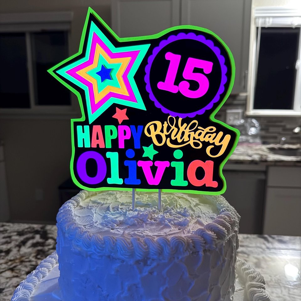 Quinceañera Glow Party Cake Topper, Blacklight Birthday Sign, Personalized Cake Decoration with Name and Age