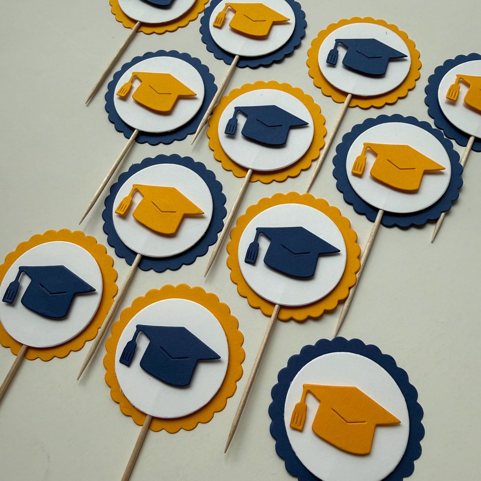 Navy and gold graduate cupcake topper, Graduation cap cupcake pick, Berkeley graduation decoration, University of Michigan graduate decor
