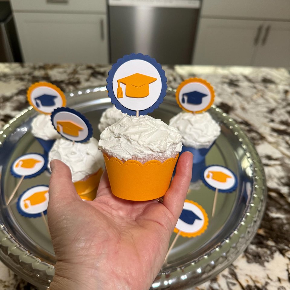 Navy and gold graduate cupcake topper, Graduation cap cupcake pick, Berkeley graduation decoration, University of Michigan graduate decor