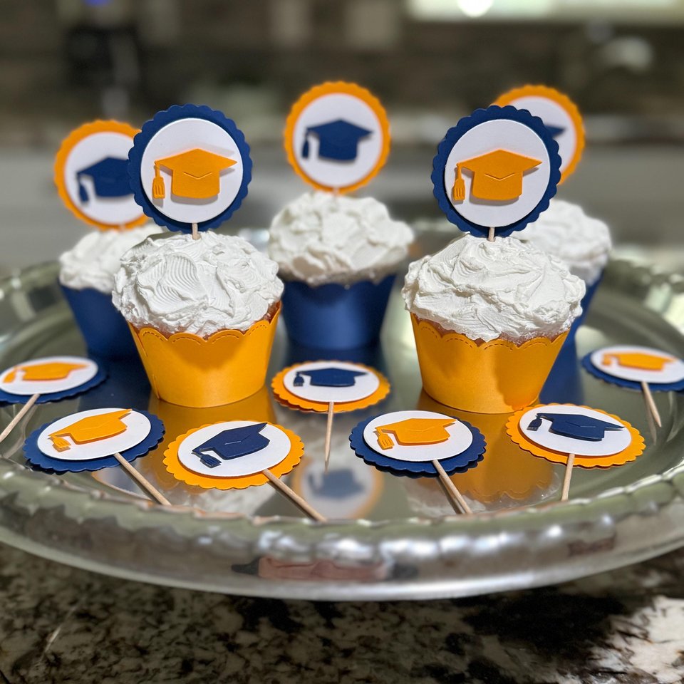 Navy and gold graduate cupcake topper, Graduation cap cupcake pick, Berkeley graduation decoration, University of Michigan graduate decor