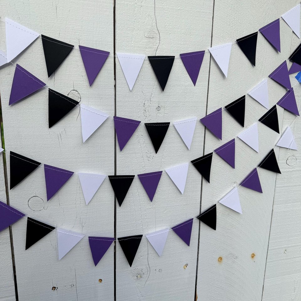 Purple White Black Graduation Garland, Triangle Flag, College Bed Party. Decision Day, Dorm Decor, Northwestern, Kansas State, TCU, GCU