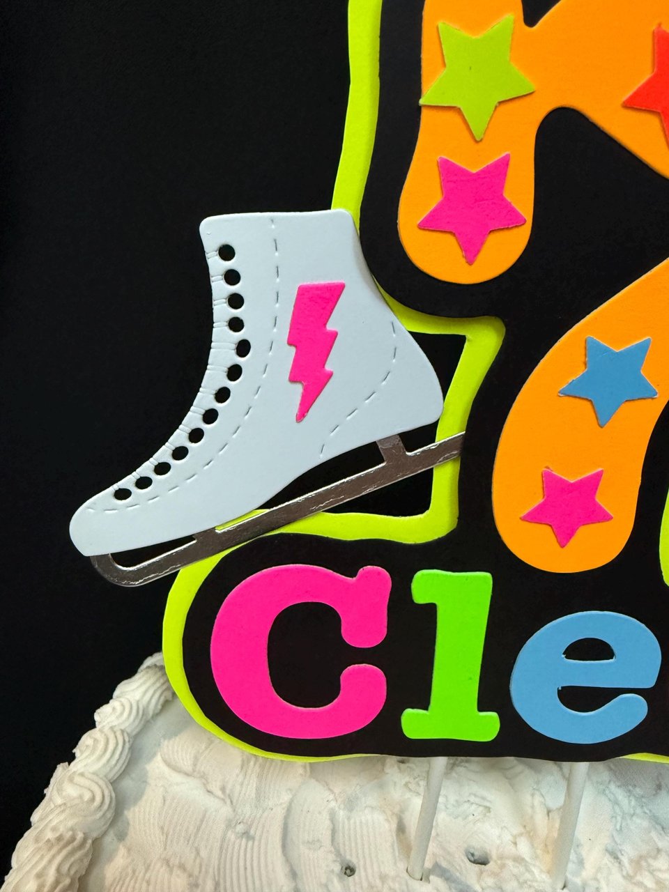 Ice Skate Birthday Party Cake Topper, Personalized Neon Glow in the Dark Decoration