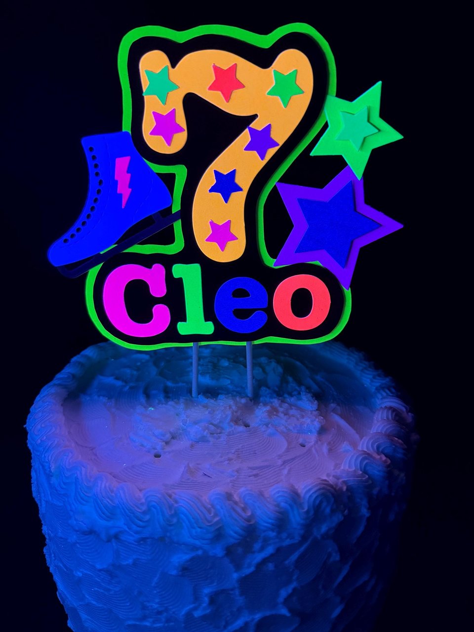 Ice Skate Birthday Party Cake Topper, Personalized Neon Glow in the Dark Decoration
