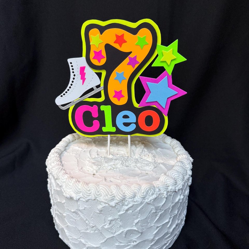 Ice Skate Birthday Party Cake Topper, Personalized Neon Glow in the Dark Decoration