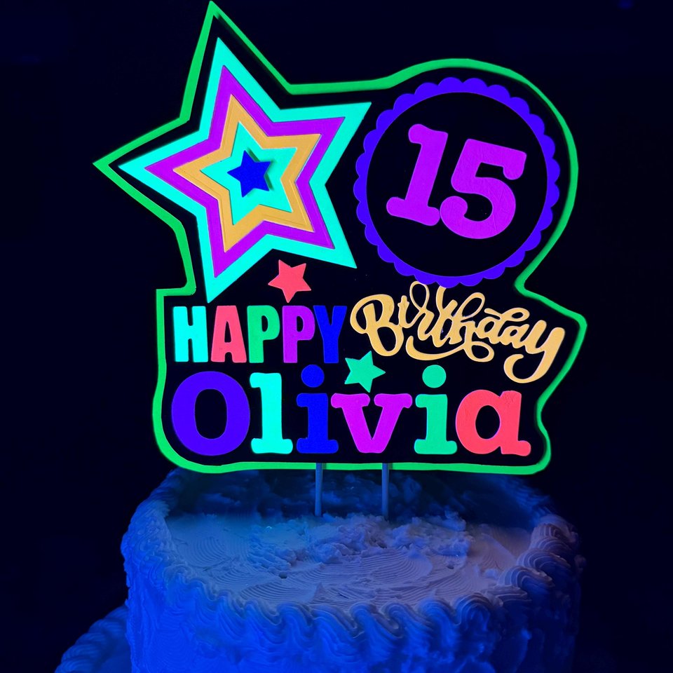 Quinceañera Glow Party Cake Topper, Blacklight Birthday Sign, Personalized Cake Decoration with Name and Age