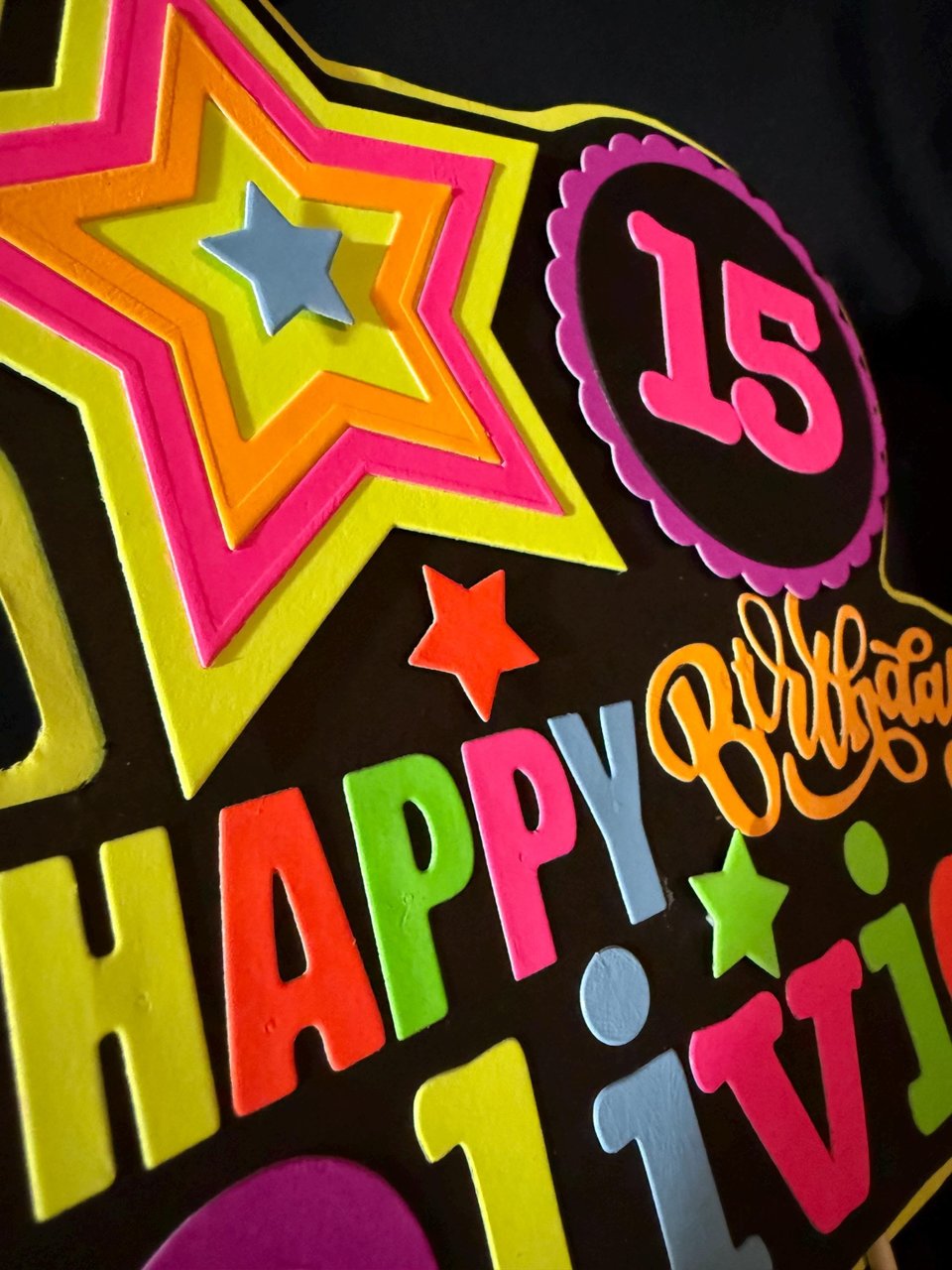 Quinceañera Glow Party Cake Topper, Blacklight Birthday Sign, Personalized Cake Decoration with Name and Age