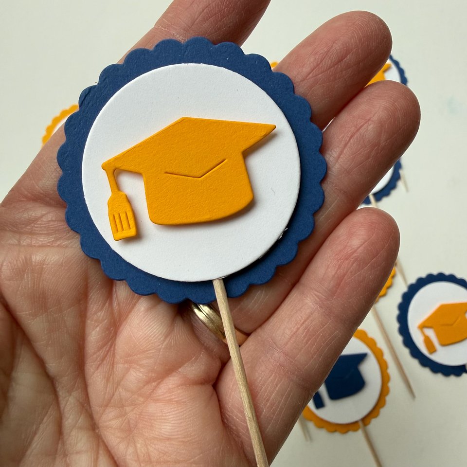 Navy and gold graduate cupcake topper, Graduation cap cupcake pick, Berkeley graduation decoration, University of Michigan graduate decor